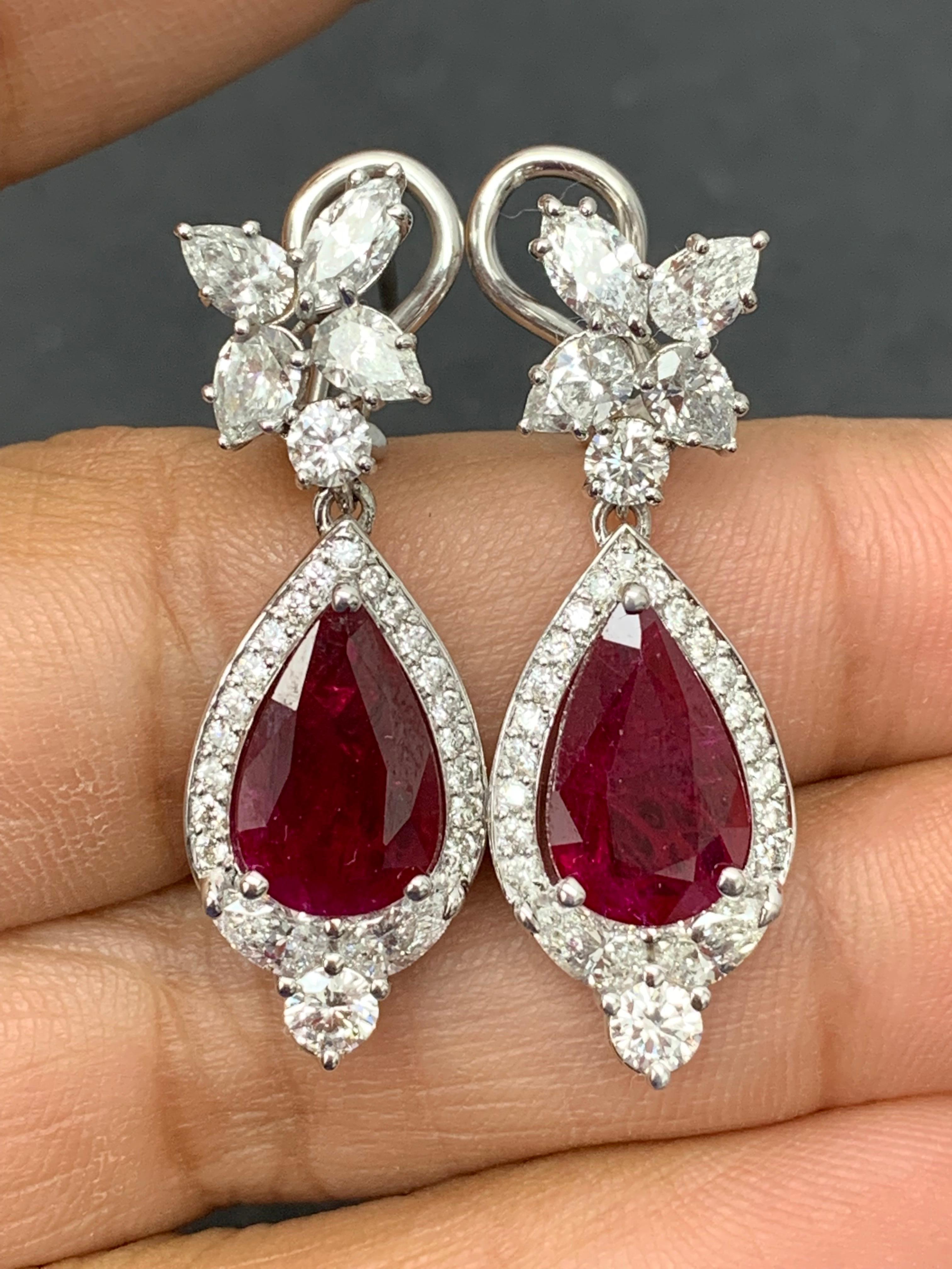 4.73 Carat Ruby and Diamond Drop Earrings in 18K White Gold For Sale 1