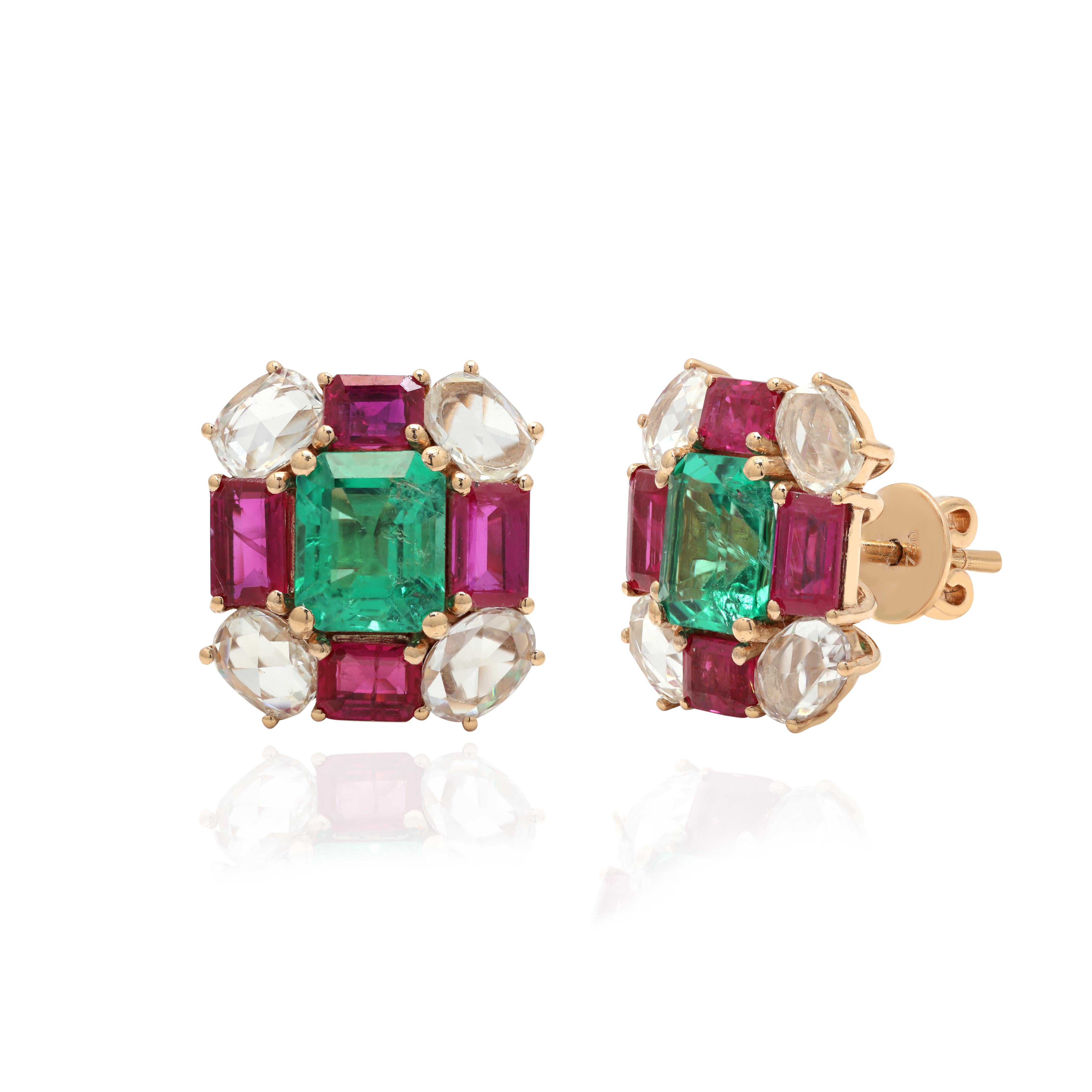 Studs create a subtle beauty while showcasing the colors of the natural precious gemstones and illuminating diamonds making a statement.
Ruby with diamonds stud earrings in 18K gold. Embrace your look with these stunning pair of earrings suitable