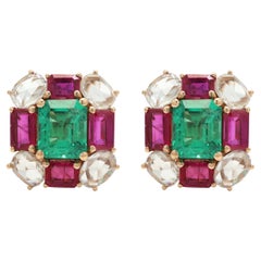 4.73 Ct Emerald Ruby Cluster Stud Earrings in 18K Rose Gold, Wedding Studs