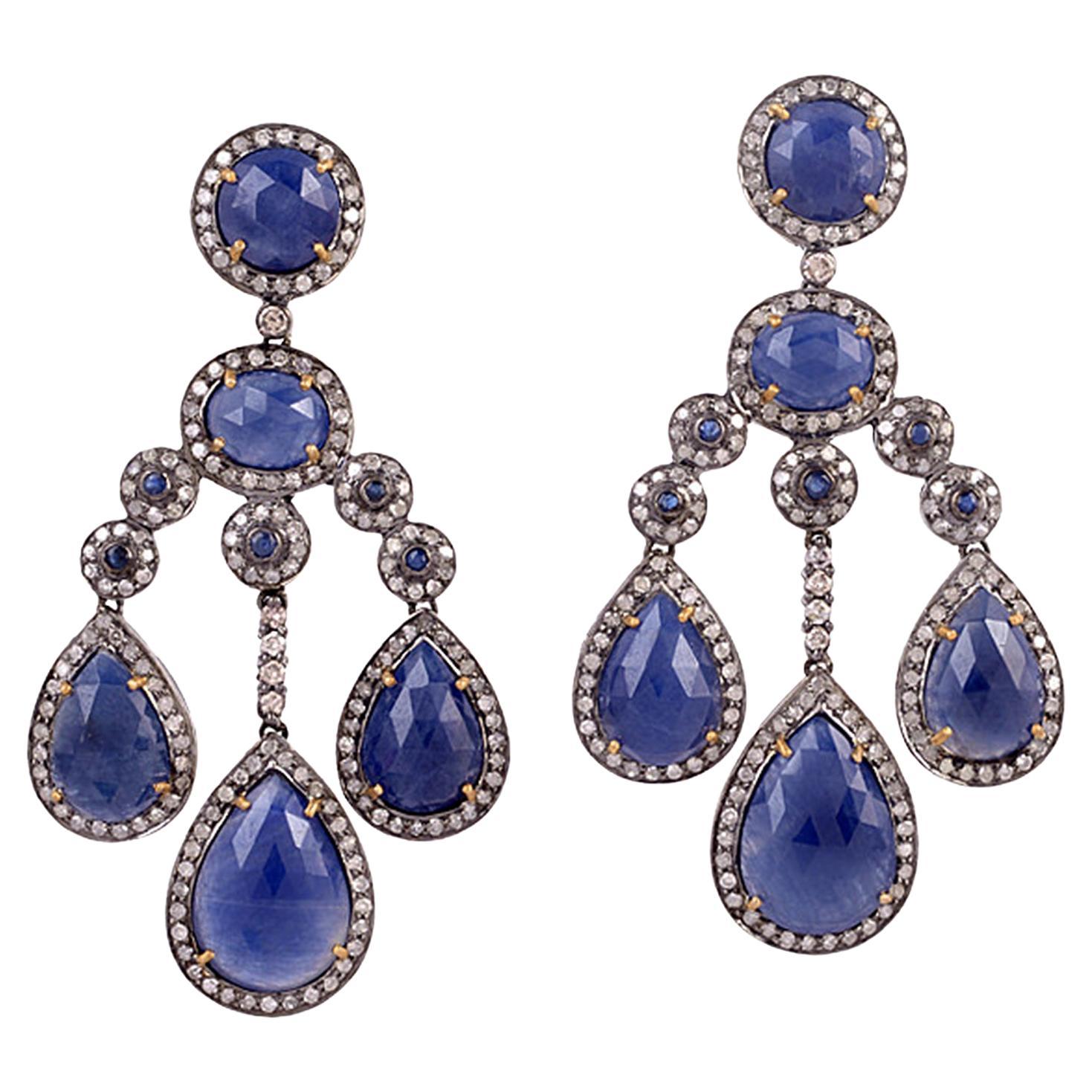 47.30ct Blue Sapphire Chandelier Earrings With Diamonds In 18k Gold & Silver For Sale