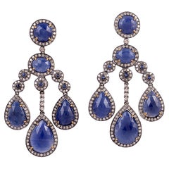 47.30ct Blue Sapphire dangle Earrings With Diamonds In 18k Yellow Gold & Silver