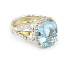 4.73ct Cushion Aquamarine and Diamond Halo Ring in 18K White Gold