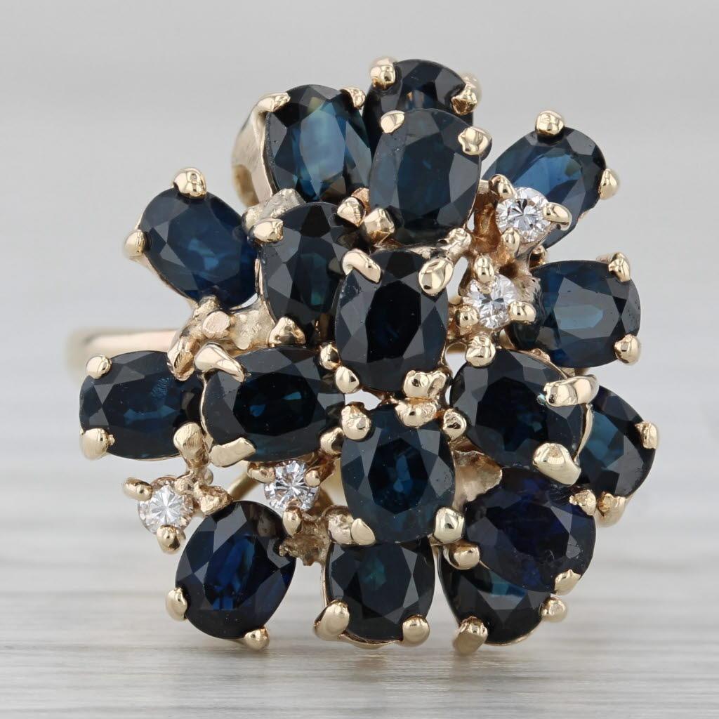 4.73ctw Blue Sapphire Diamond Cluster Ring 14k Yellow Gold Size 7 Cocktail Bon état - En vente à McLeansville, NC