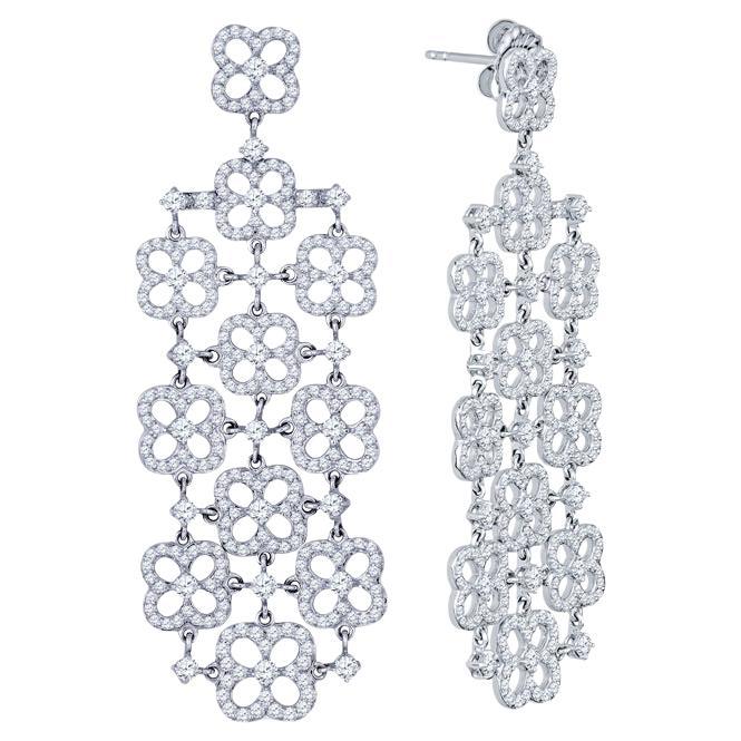 4.73ctw Natural Round Diamond Clover Shaped Chandelier Earrings, 18k White Gold For Sale