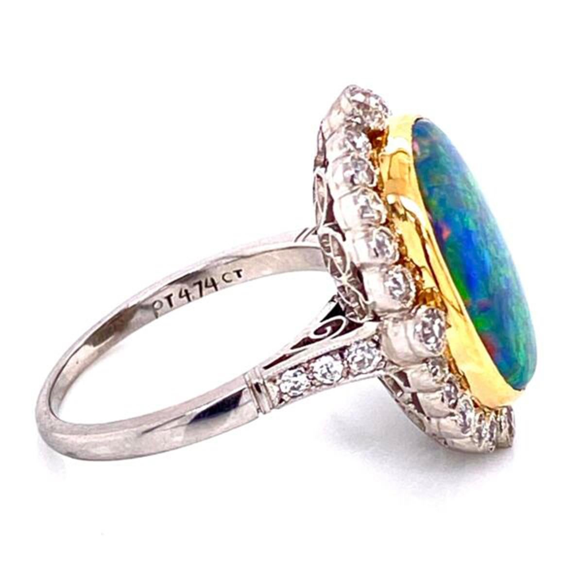 4.74 Carat Black Opal and Diamond Platinum Cocktail Ring Estate Fine Jewelry In Excellent Condition In Montreal, QC