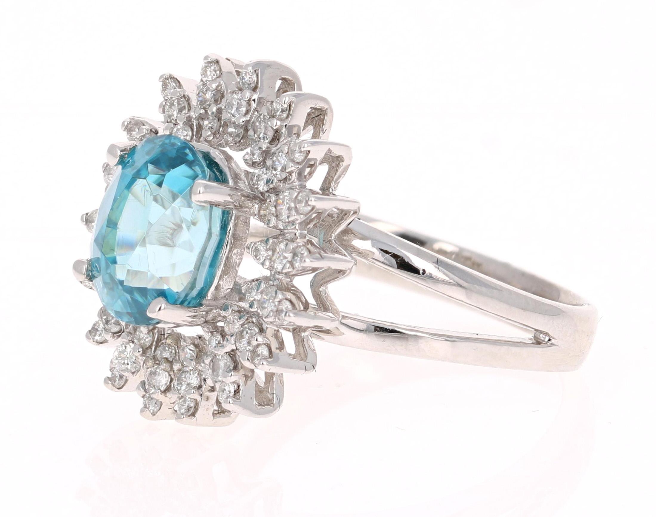 Contemporary 4.74 Carat Blue Zircon Diamond White Gold Cocktail Ring For Sale