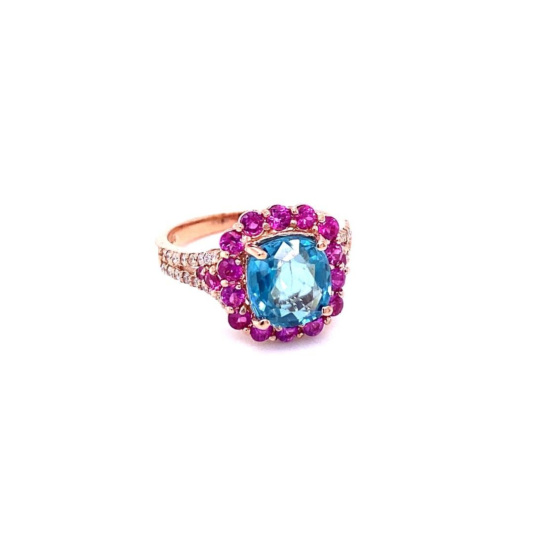 4,74 Karat Blauer Zirkon Rosa Saphir Diamant Rose Gold Verlobungsring (Zeitgenössisch) im Angebot
