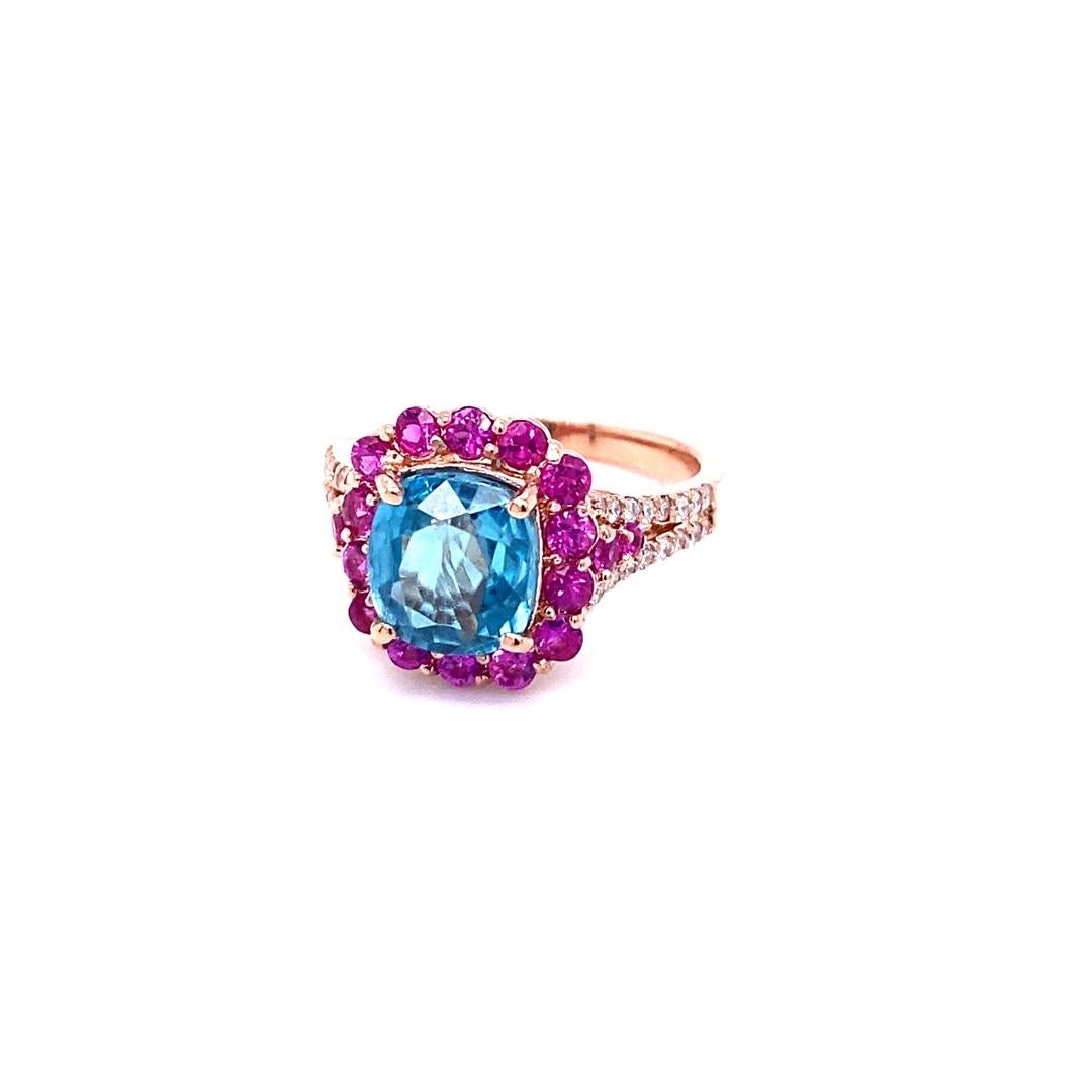 4,74 Karat Blauer Zirkon Rosa Saphir Diamant Rose Gold Verlobungsring (Kissenschliff) im Angebot