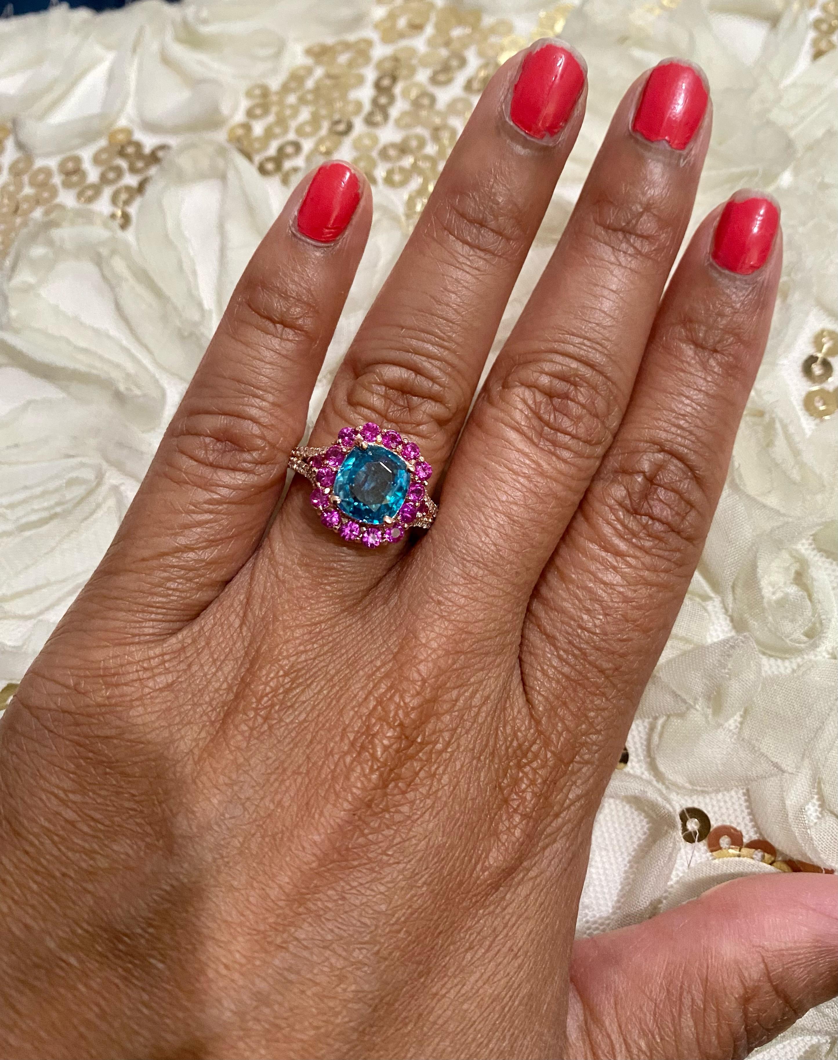 Cushion Cut 4.74 Carat Blue Zircon Pink Sapphire Diamond Rose Gold Engagement Ring For Sale