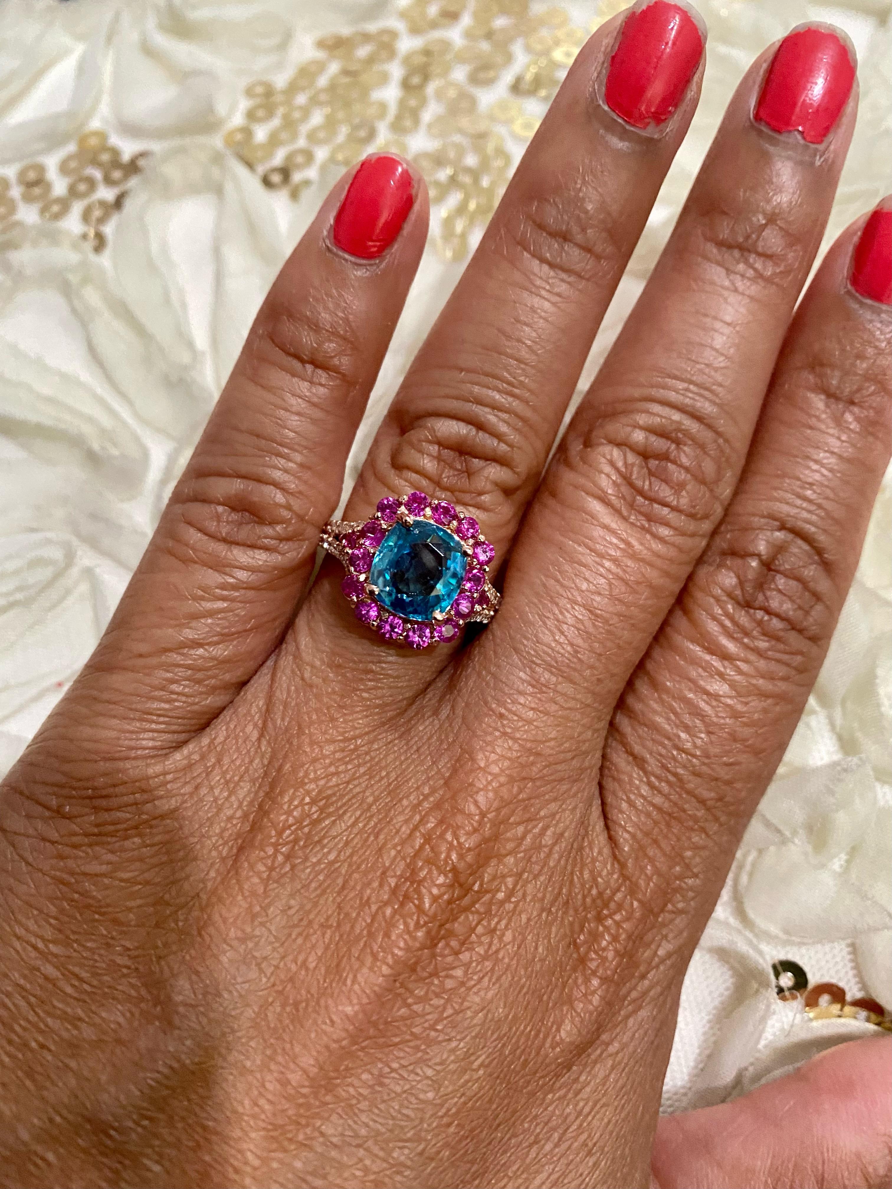 4.74 Carat Blue Zircon Pink Sapphire Diamond Rose Gold Engagement Ring In New Condition For Sale In Los Angeles, CA