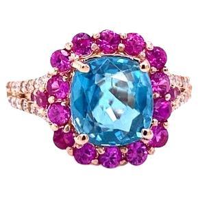 4.74 Carat Blue Zircon Pink Sapphire Diamond Rose Gold Engagement Ring For Sale