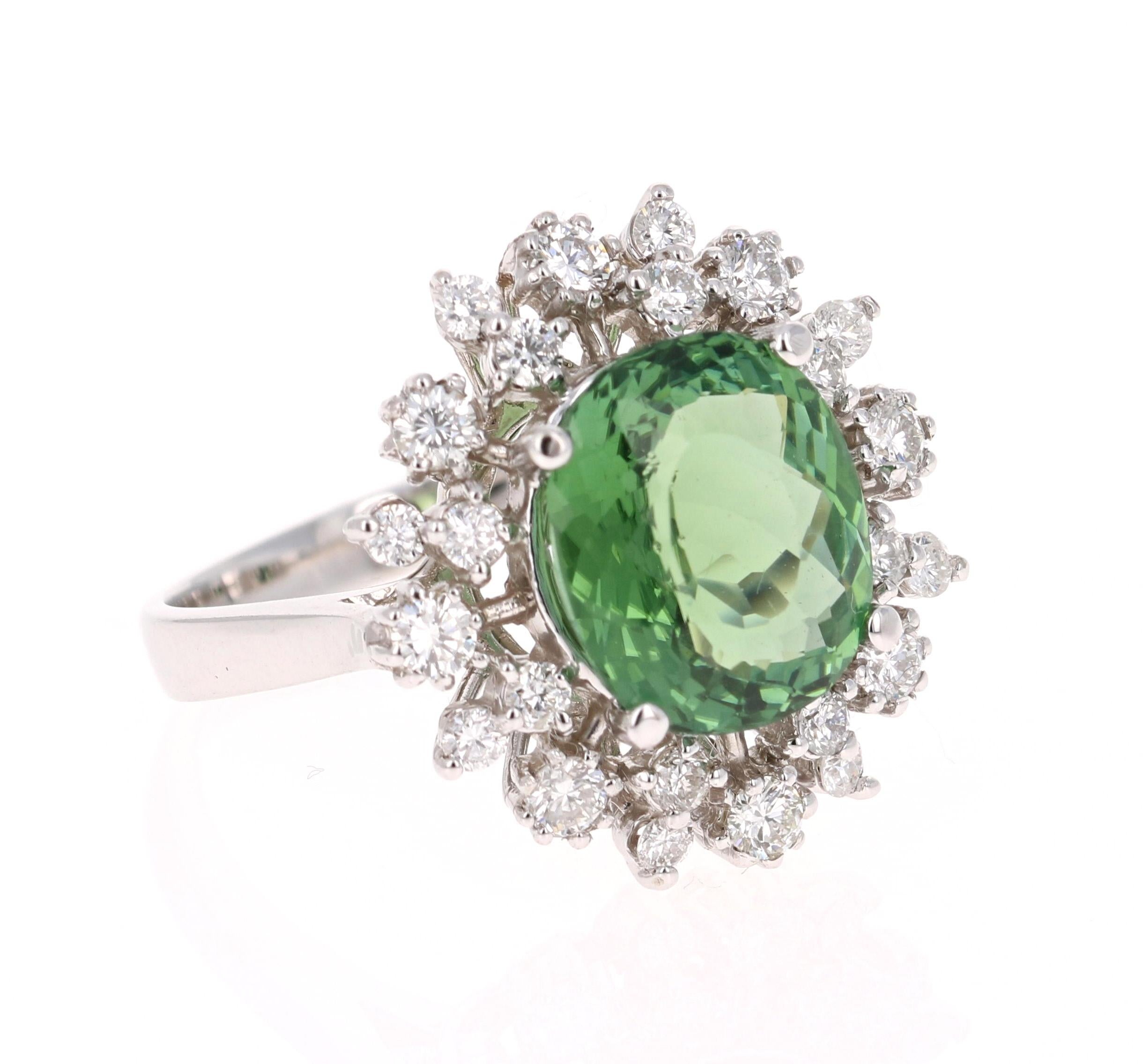 A beauty that is sure to be nothing less than a statement! Very much inspired by the Victorian Era intertwined by a Ballerina Design Ring! 

This ring has a magnificently beautiful Oval Cut Green Tourmaline that weighs 3.90 Carats. Floating around
