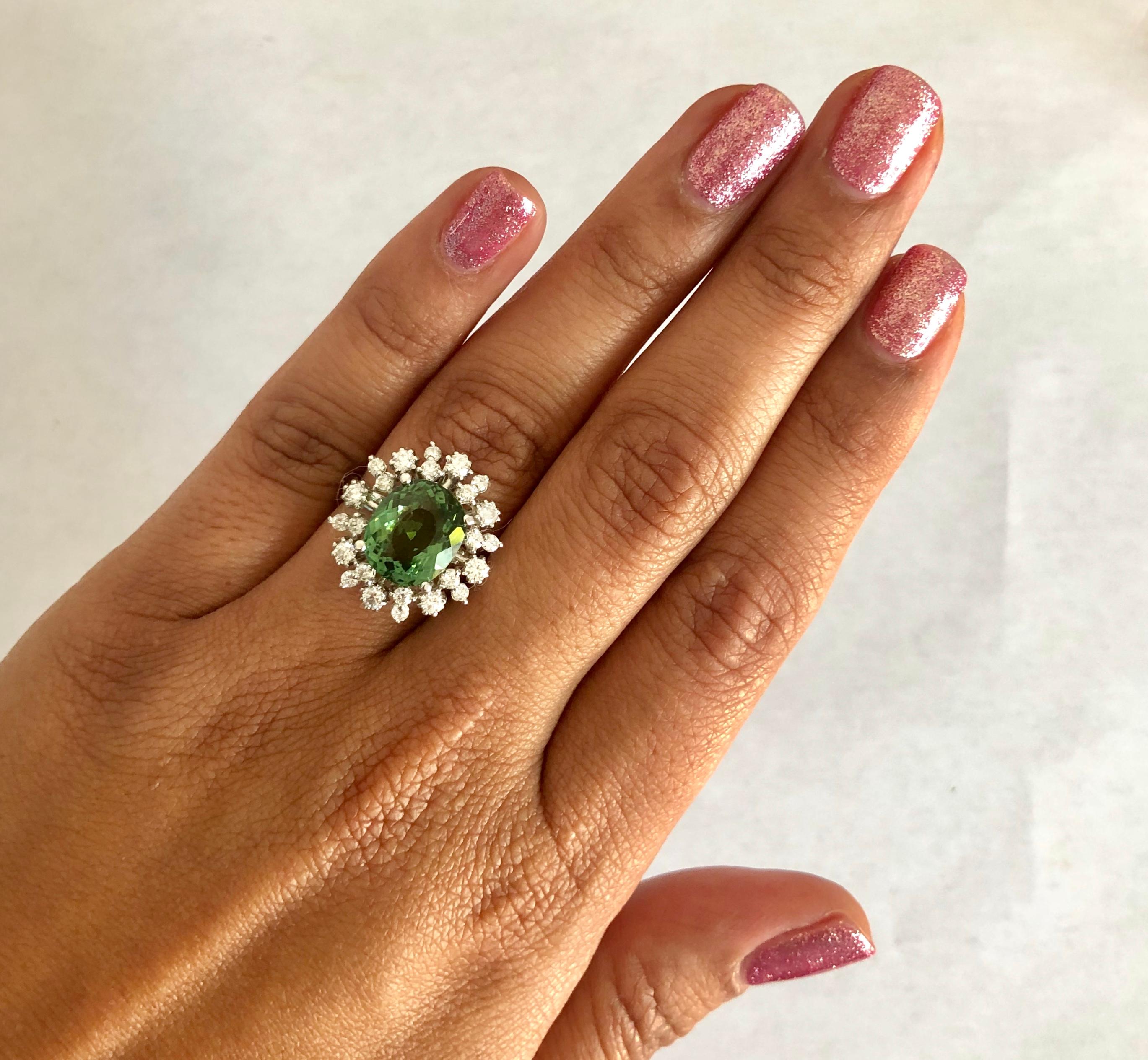 4.74 Carat Green Tourmaline Diamond 14 Karat White Gold Cocktail Ring In New Condition In Los Angeles, CA