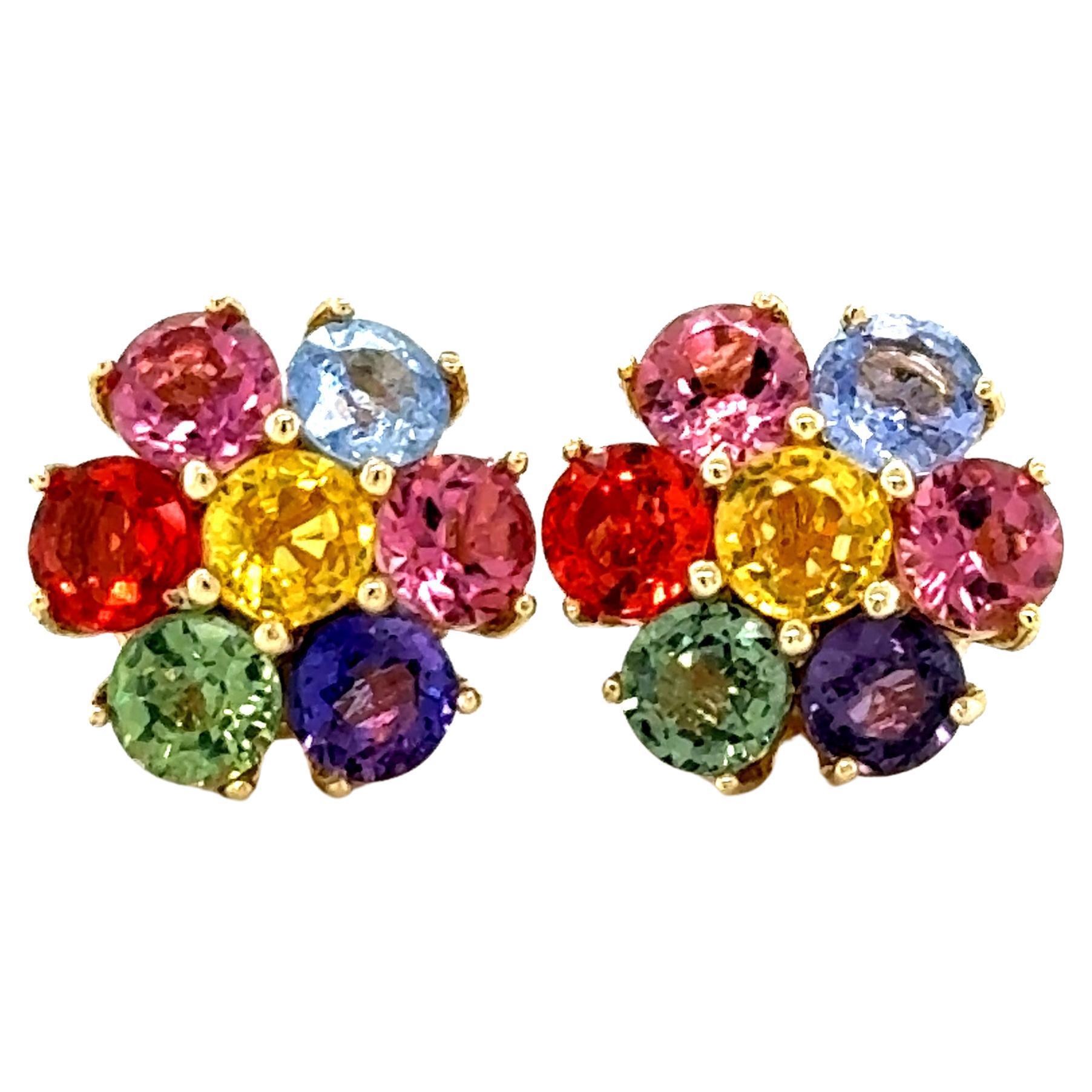 4.74 Carat Natural Multi Color Sapphire Yellow Gold Stud Earrings For Sale