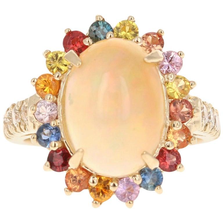 Cabochon 4.74 Carat Natural Opal Sapphire Diamond Yellow Gold Cocktail Ring For Sale