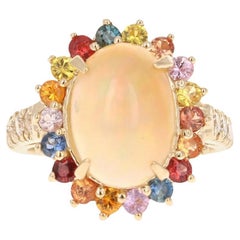 4.74 Carat Natural Opal Sapphire Diamond Yellow Gold Cocktail Ring