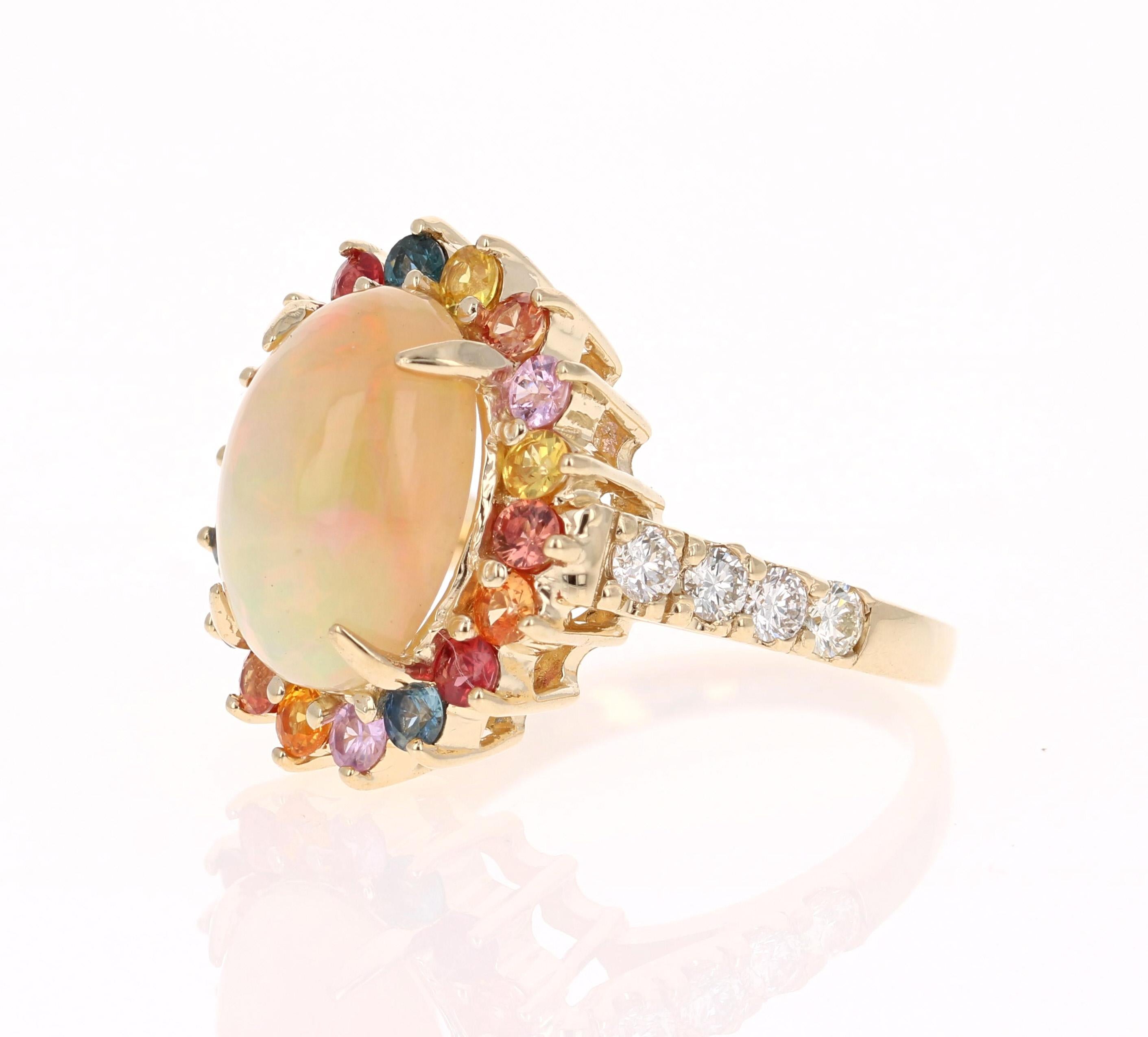 Contemporary 4.74 Carat Opal Sapphire Diamond Yellow Gold Ring For Sale