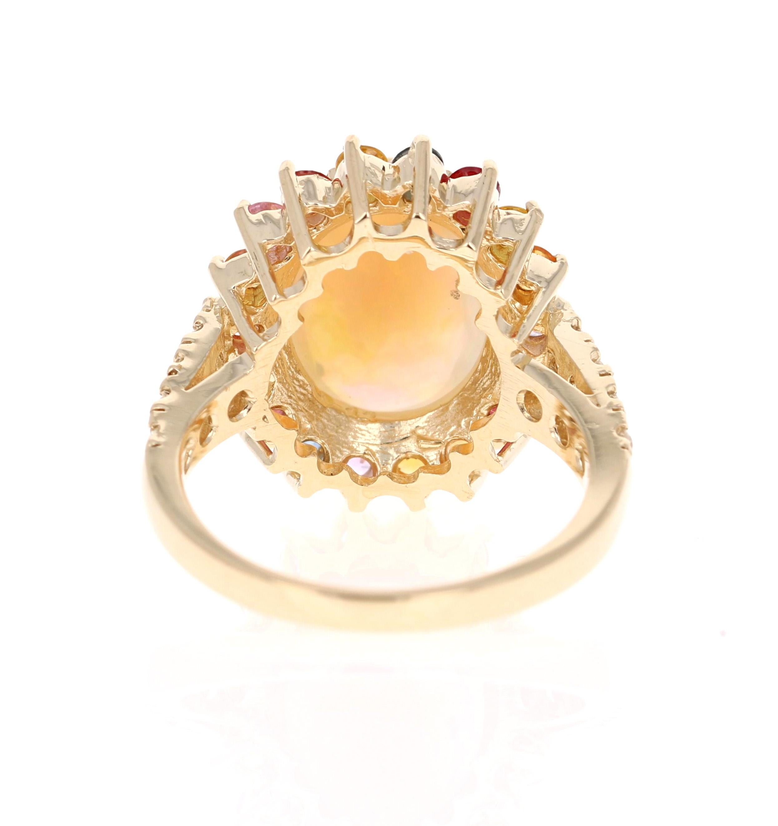 Oval Cut 4.74 Carat Opal Sapphire Diamond Yellow Gold Ring For Sale