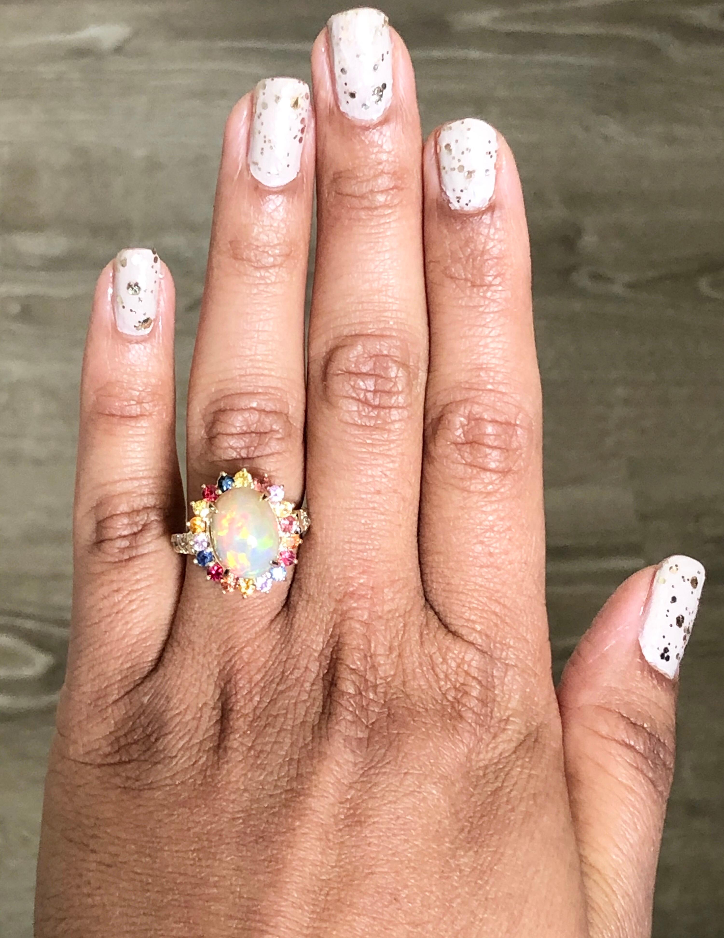 Women's 4.74 Carat Opal Sapphire Diamond Yellow Gold Ring For Sale