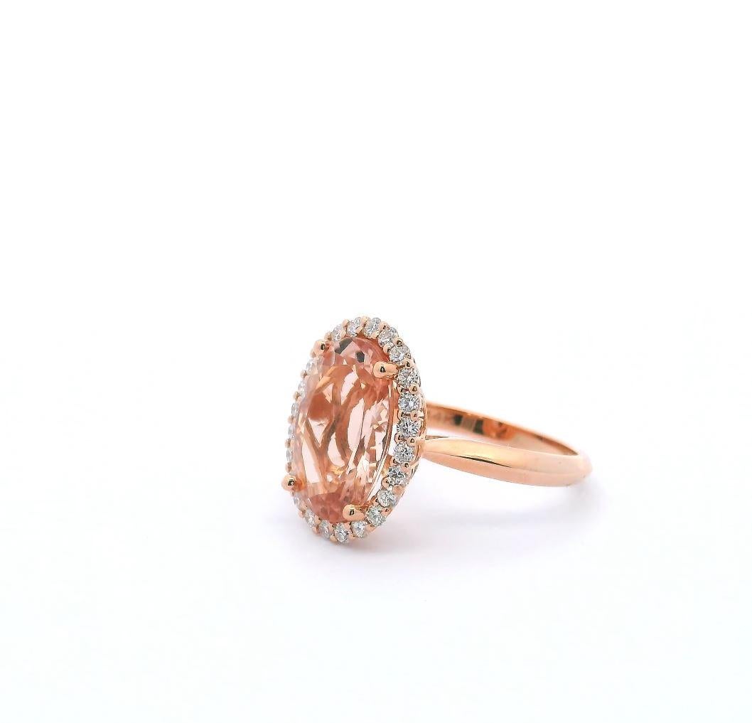 4.74 Carat Oval Morganite Ring with 0.44 Carat Halo of Diamonds in 14K Rose Gold For Sale 2