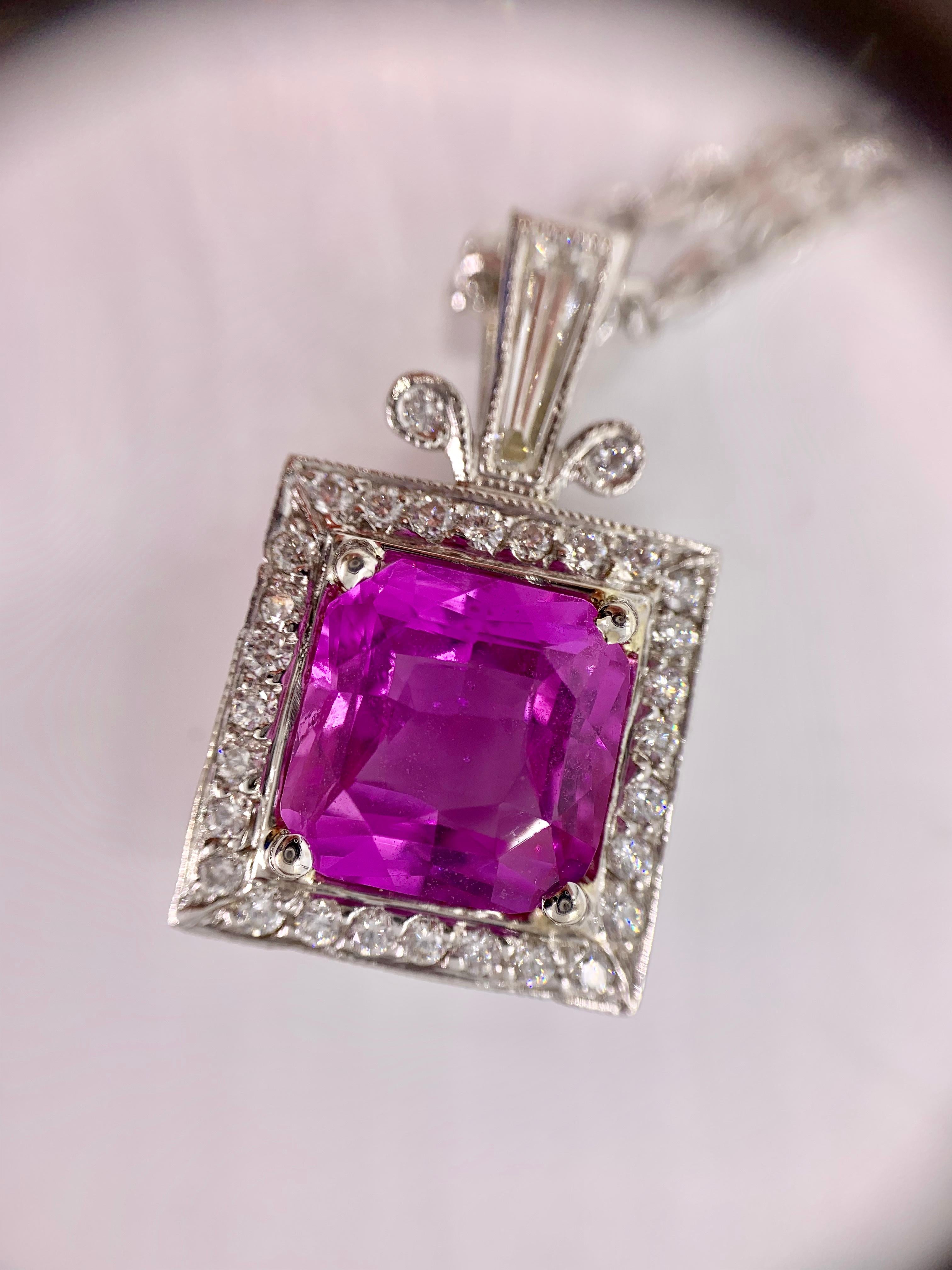 4.74 Carat Pink Sapphire and Diamond Pendant Necklace For Sale 1