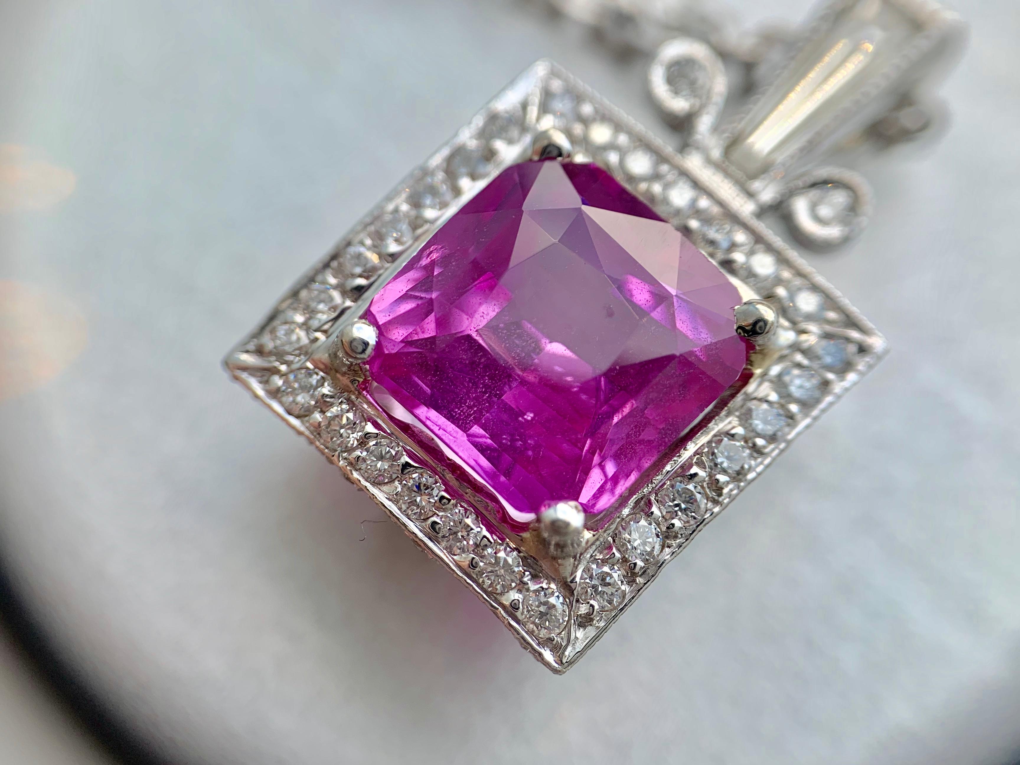 4.74 Carat Pink Sapphire and Diamond Pendant Necklace For Sale 2