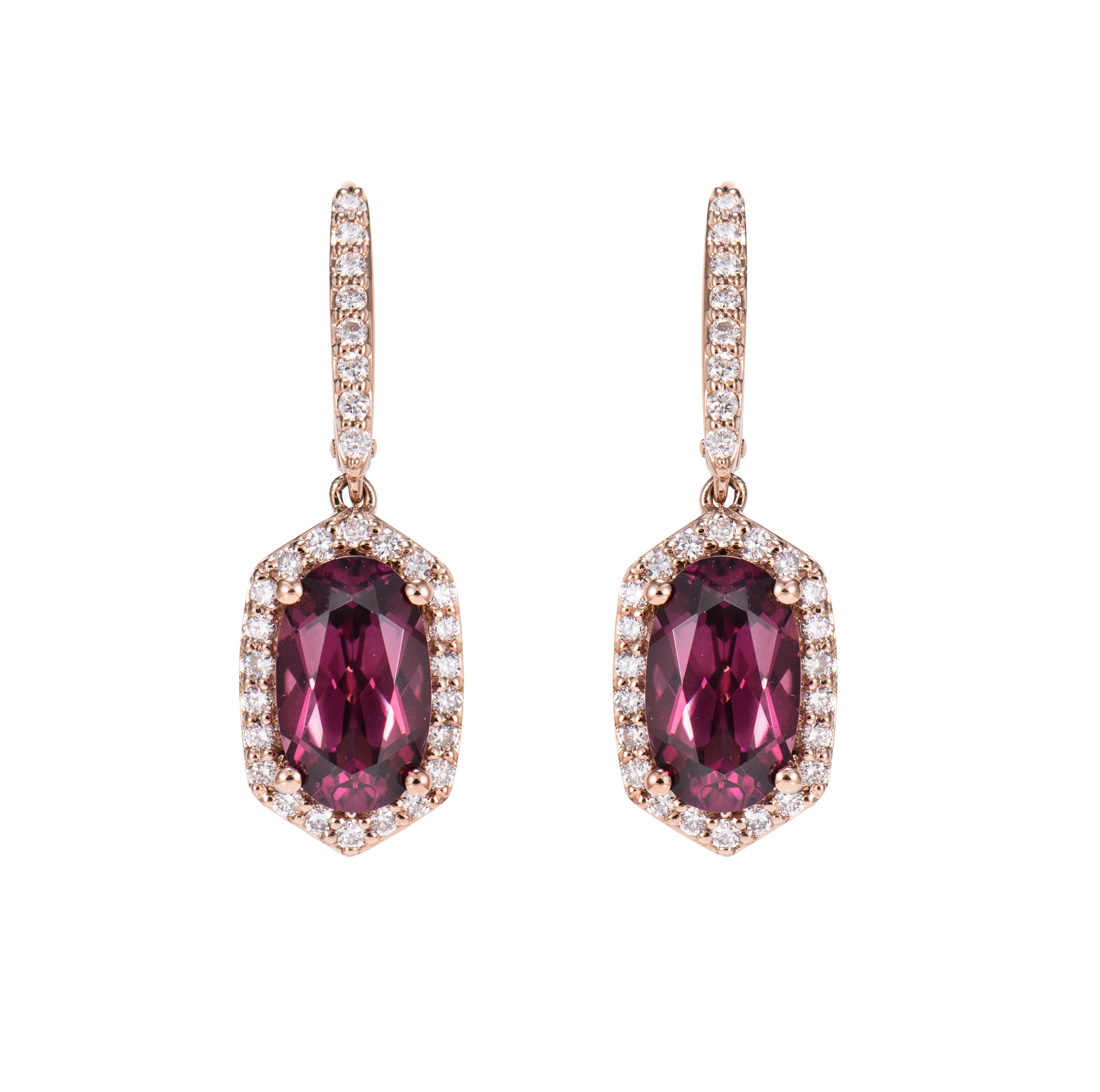 Contemporary 4.74 Carat Rhodolite Drop Earring in 18Karat Rose Gold with White Diamond. For Sale