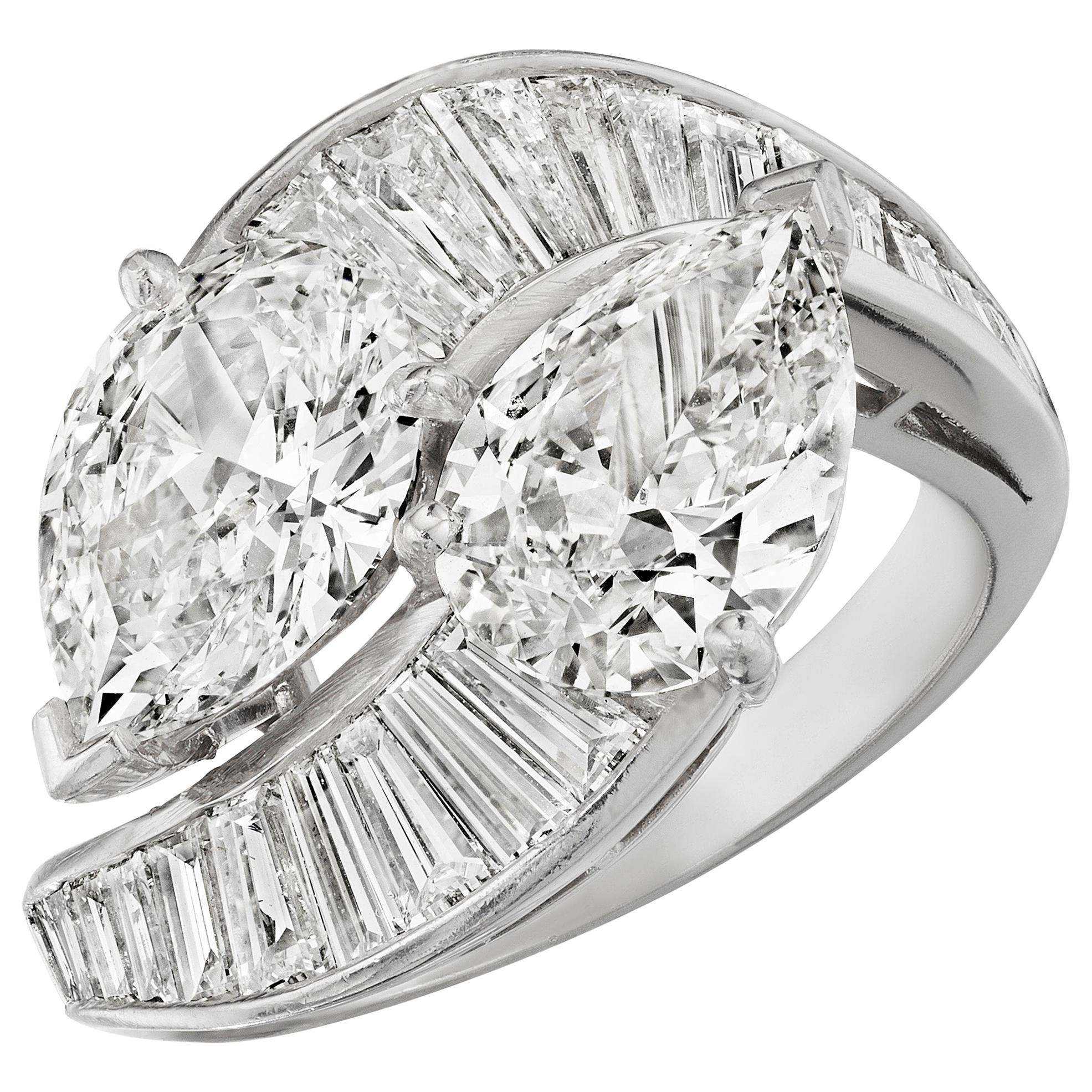 4.74 Carat 'total weight' Pear and Baguette Diamond "Bypass" Ring in Platinum For Sale