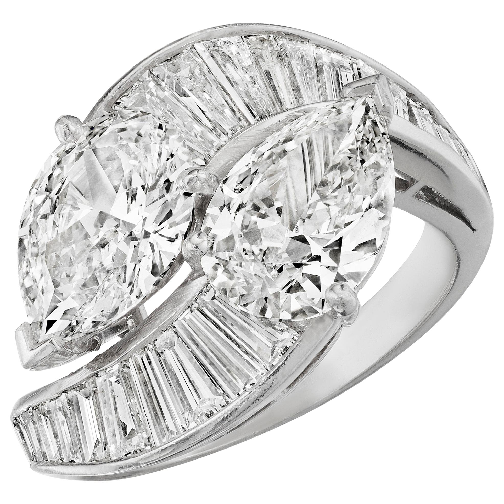 4.74 Carat 'total weight' Pear and Baguette Diamond "Bypass" Ring in Platinum
