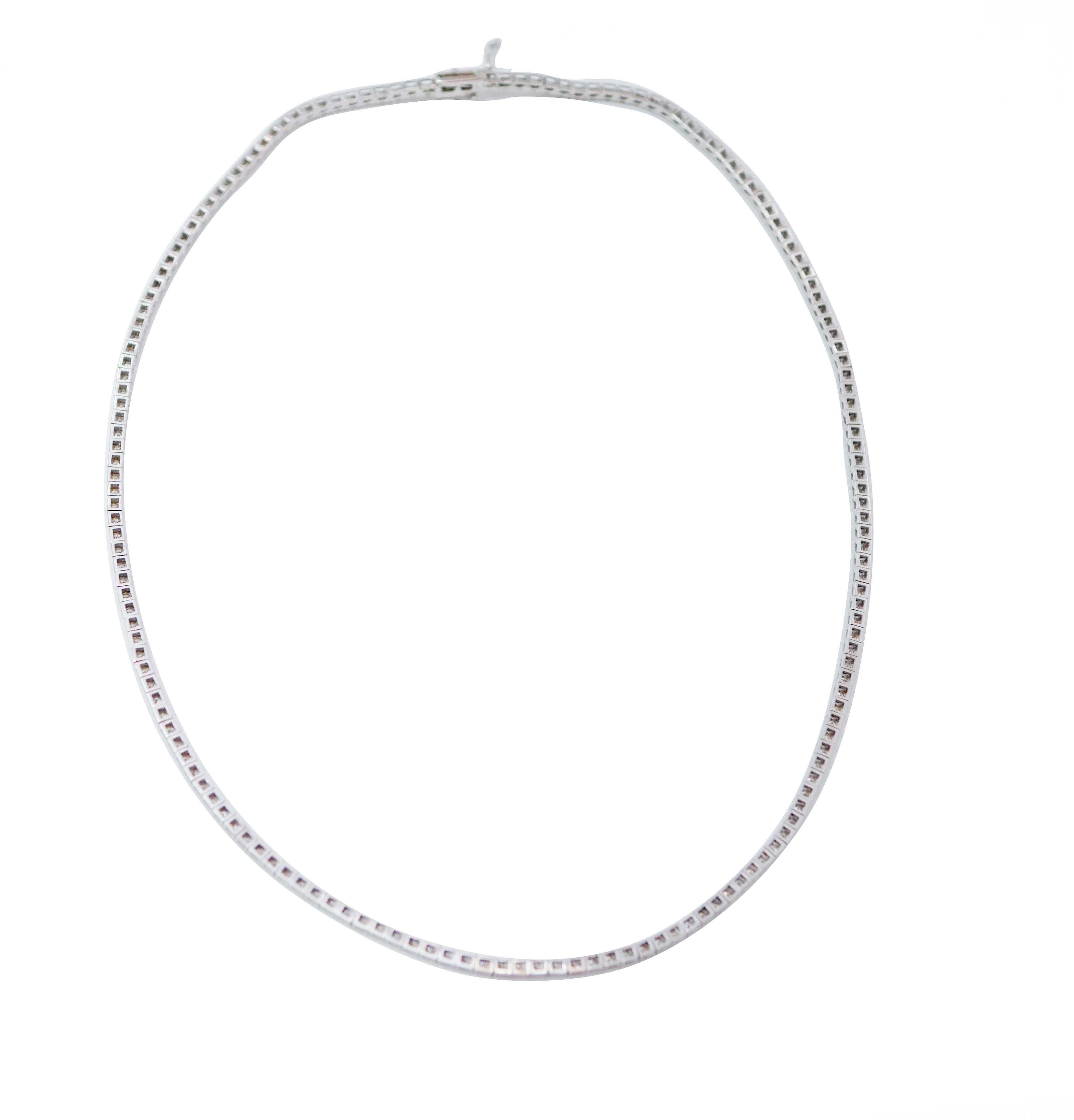 Modern 4.74 Carats Diamonds, 18 Karat White Gold Tennis Necklace. For Sale