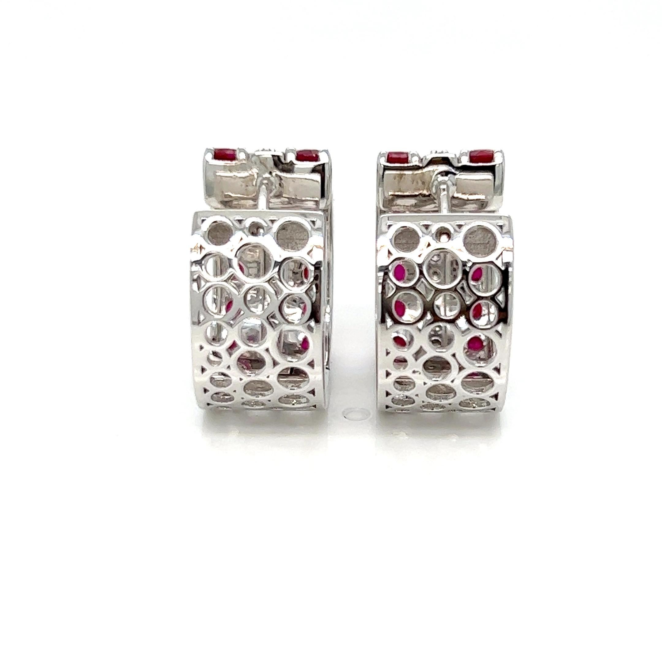 Round Cut 4.74 Carats Ruby and Diamond Cuff Earrings in 18k White Gold For Sale