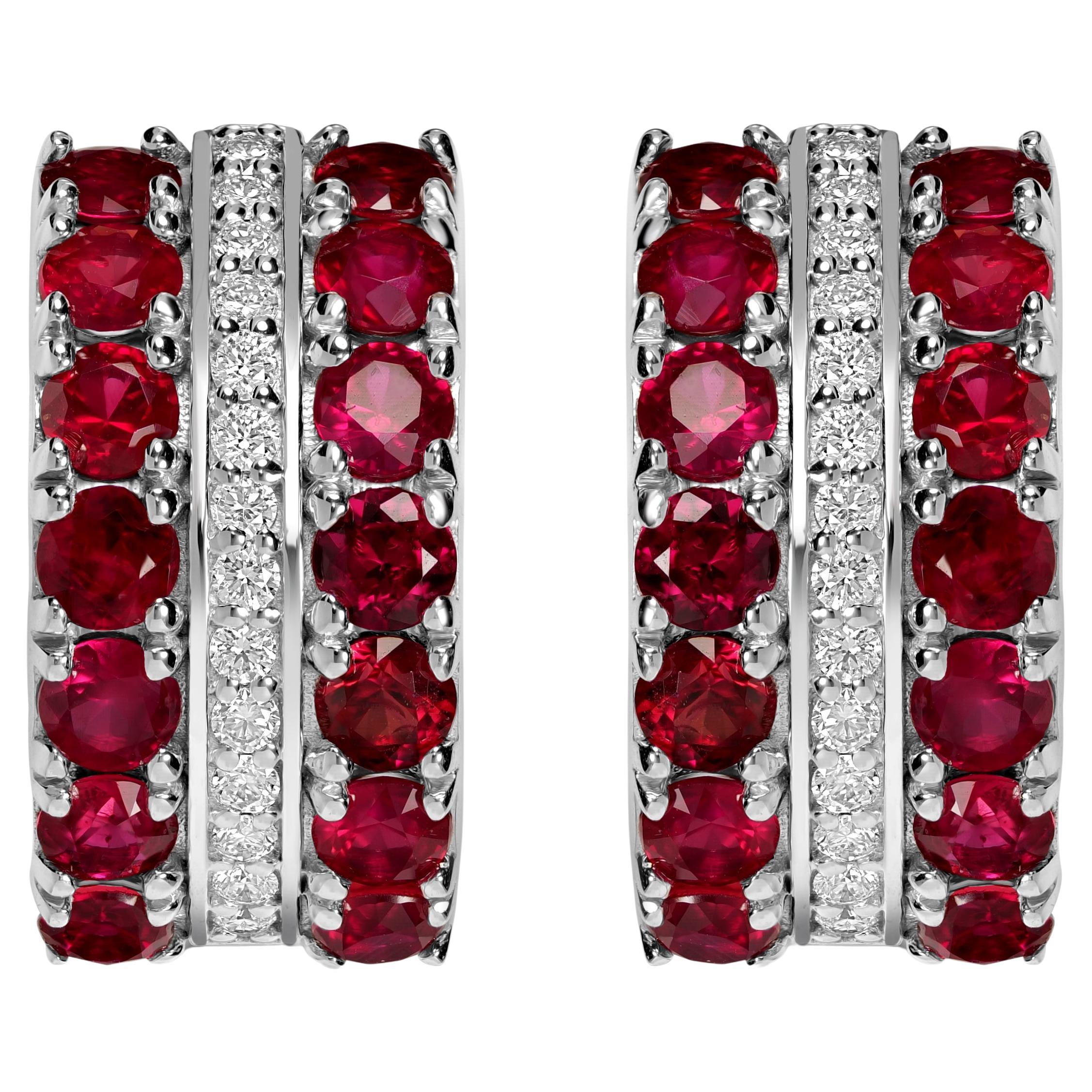 4.74 Carats Ruby and Diamond Cuff Earrings in 18k White Gold For Sale