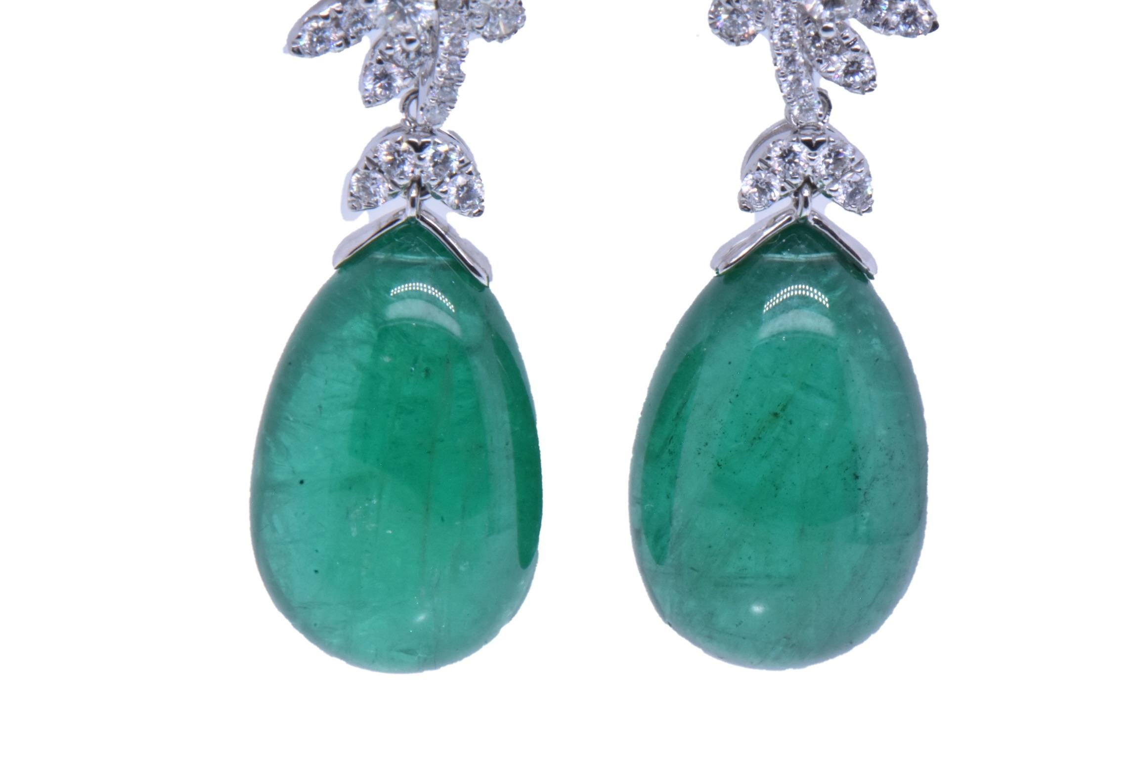 Art Deco 47.41 Carat Emerald Drop Earrings with Diamond Flower Design in 18k White Gold For Sale