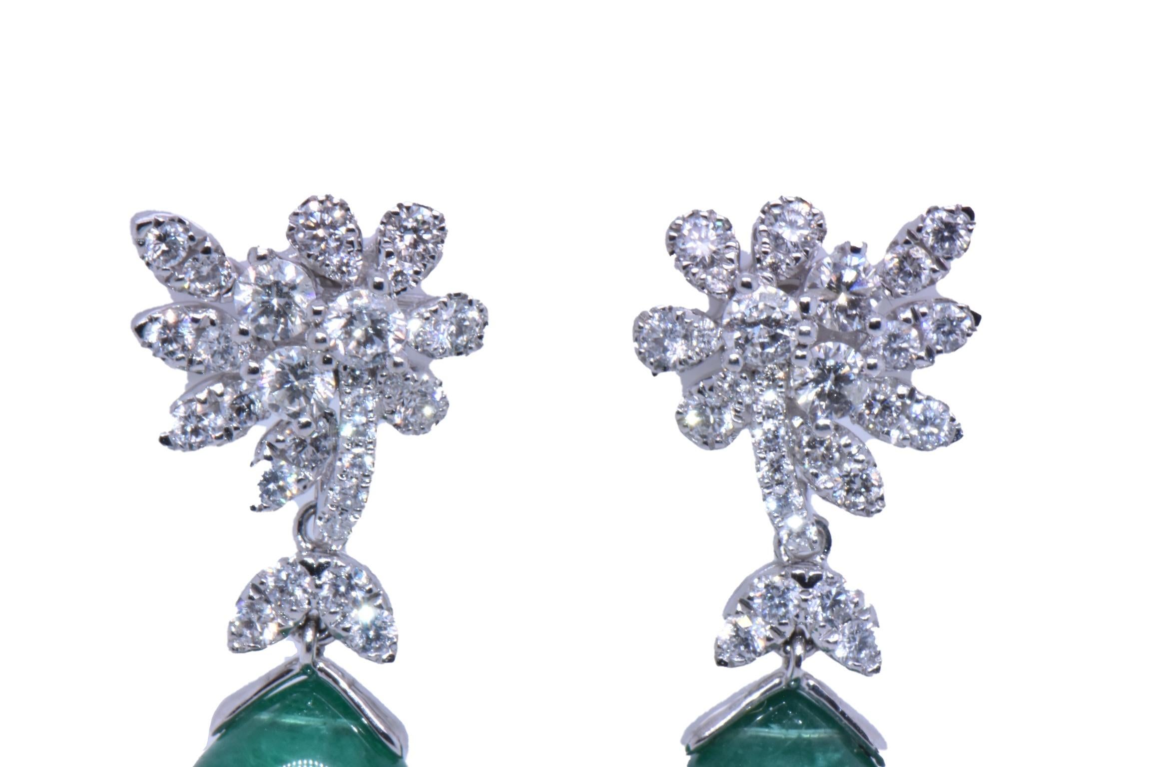 Cabochon 47.41 Carat Emerald Drop Earrings with Diamond Flower Design in 18k White Gold For Sale