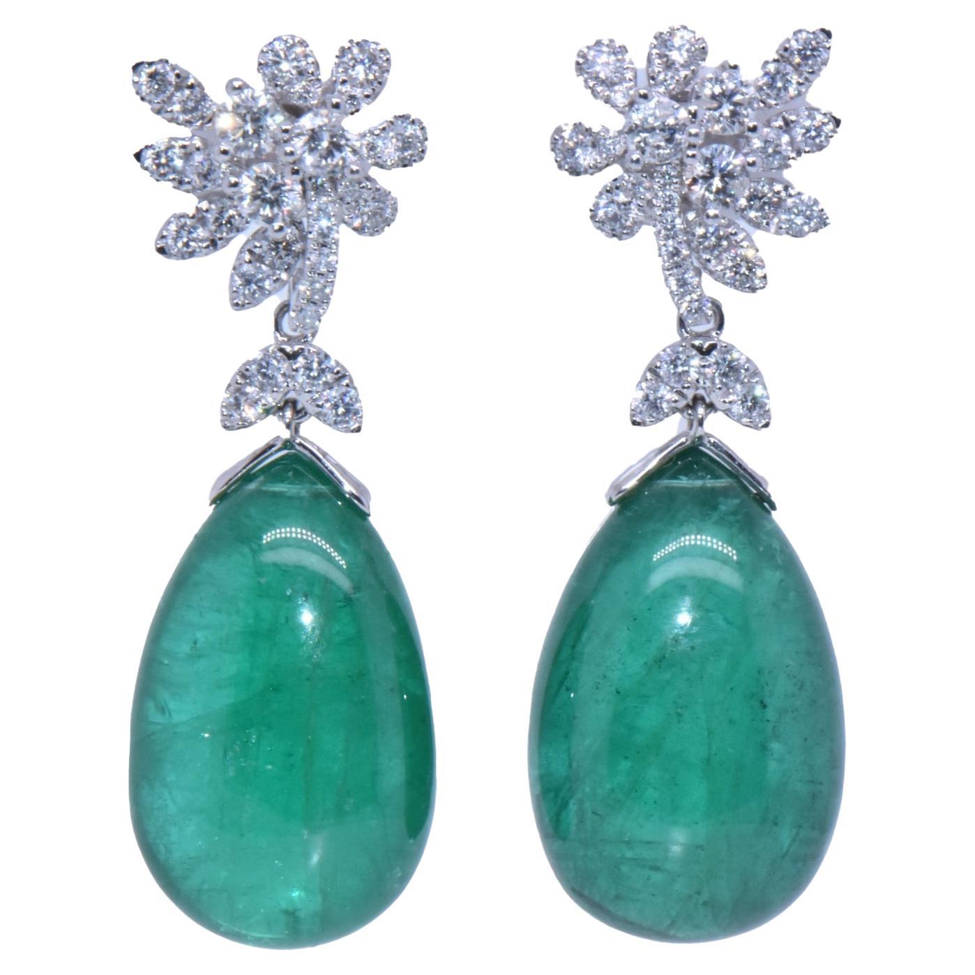 47.41 Carat Emerald Drop Earrings with Diamond Flower Design in 18k White Gold For Sale