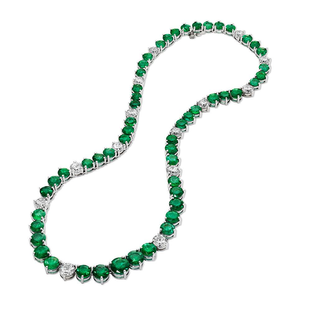 Modern 47.42ct GIA Round Diamond & Emerald Tennis Necklace in 18KT Gold For Sale