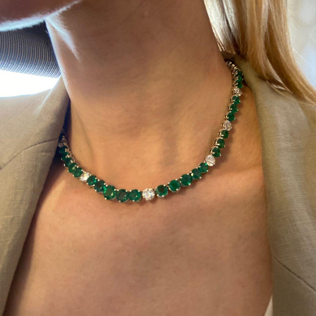 Round Cut 47.42ct GIA Round Diamond & Emerald Tennis Necklace in 18KT Gold For Sale