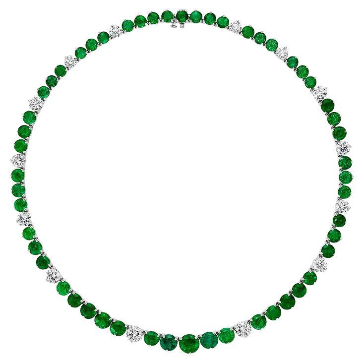 47.42ct GIA Round Diamond & Emerald Tennis Necklace in 18KT Gold For Sale