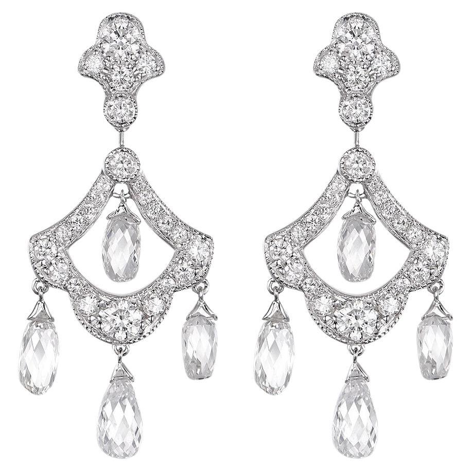 4,74 Karat Vintage Briolette Diamant Ohrringe in 18 Karat Weißgold baumeln