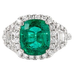 4.74ctt Emerald with Diamond Three Stone Halo Ring 18 Karat Gold