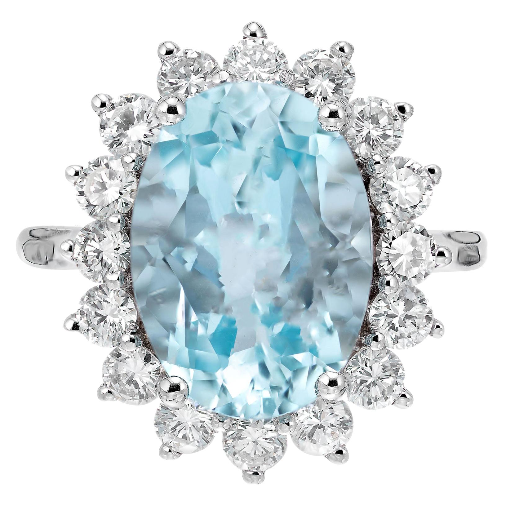 4.75 Aquamarine Diamond Halo White Gold Engagement Ring For Sale