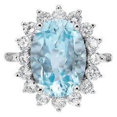 Anello di fidanzamento con diamante aureolato in oro bianco 4,75 Acquamarina