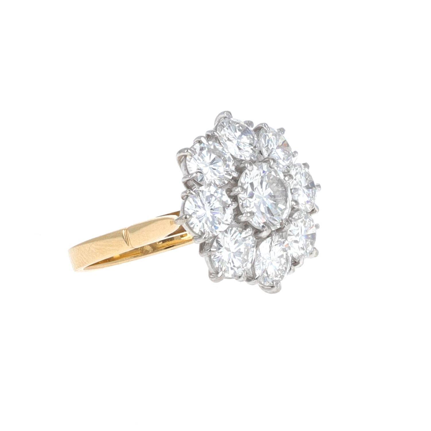 18 karat white and yellow gold art deco style cocktail ring. The ring is made with white, eye clean, round brilliant diamonds, The center diamond is an estimated 1 carat. There are 8 diamonds surrounding the center that weigh an estimated total of