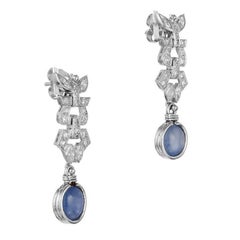 4.75 Carat Cabochon Sapphire Diamond Art Deco Platinum Dangle Earrings