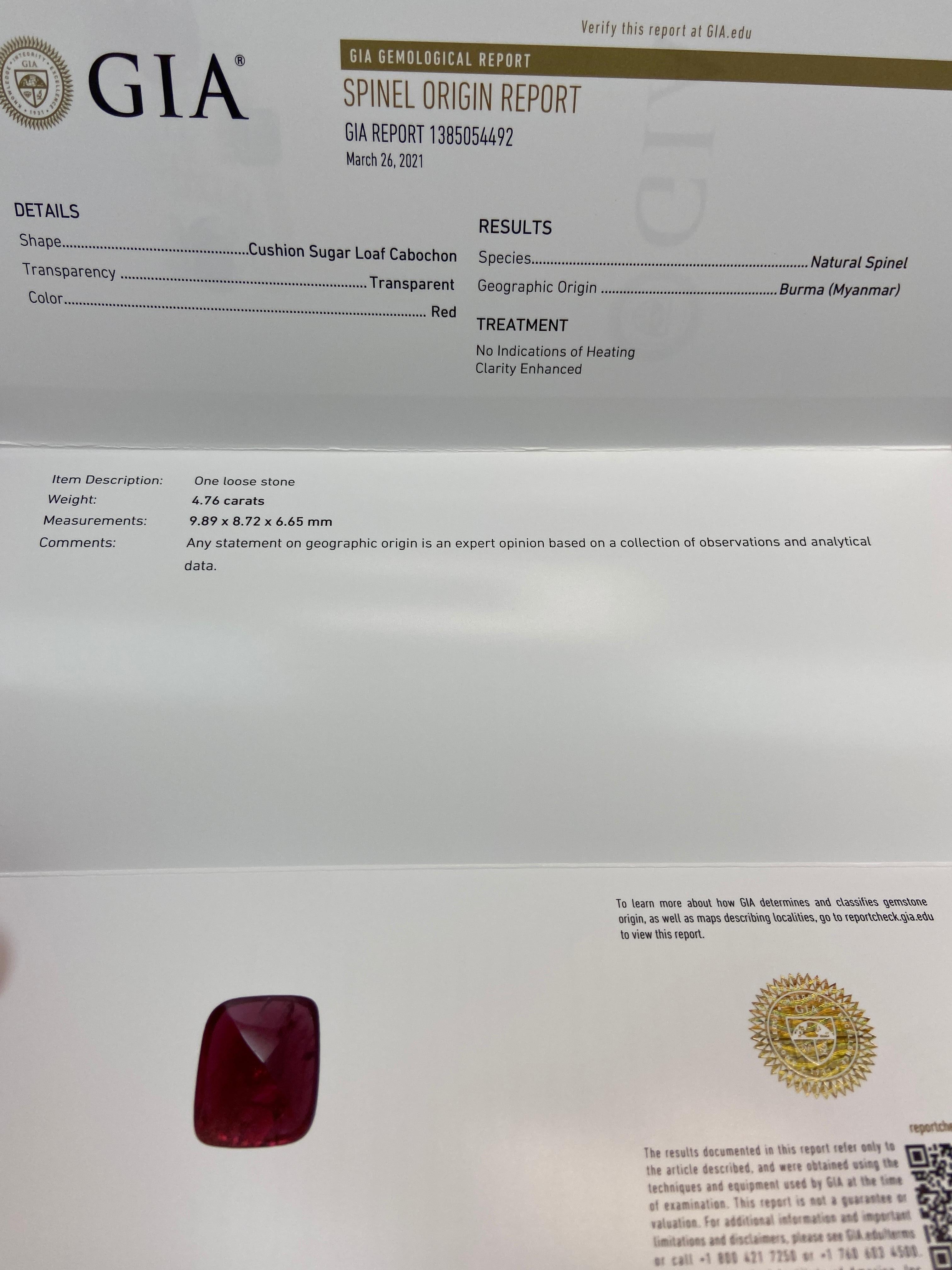 4.76 Carat GIA Certified Sugarloaf-Cut Unheated Burmese Vivid Red Spinel In New Condition In Hong Kong, HK