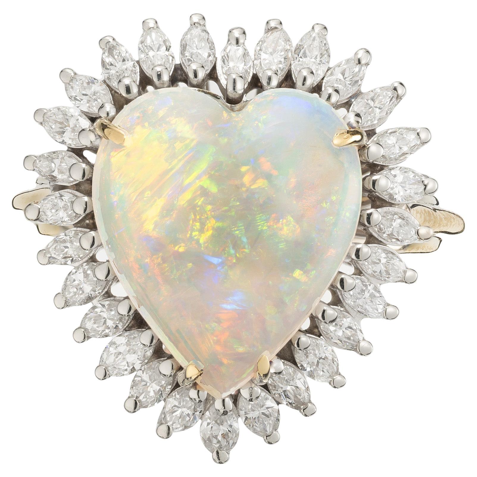 4.75 Carat Heart Opal Diamond Marquise Halo Two Tone Gold Cocktail Ring For Sale