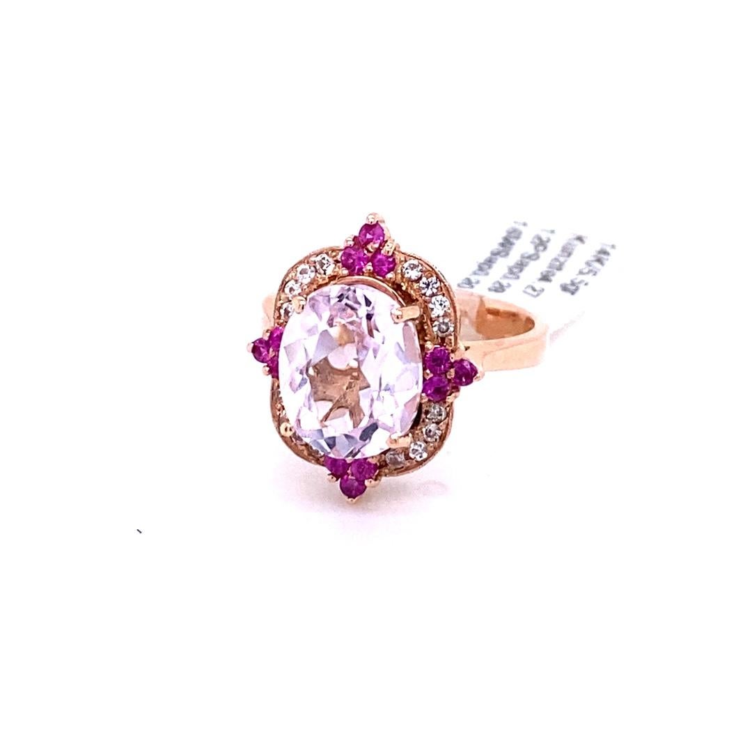 Contemporary 4.75 Carat Kunzite Pink Sapphire White Sapphire 14 Karat Rose Gold Ring For Sale