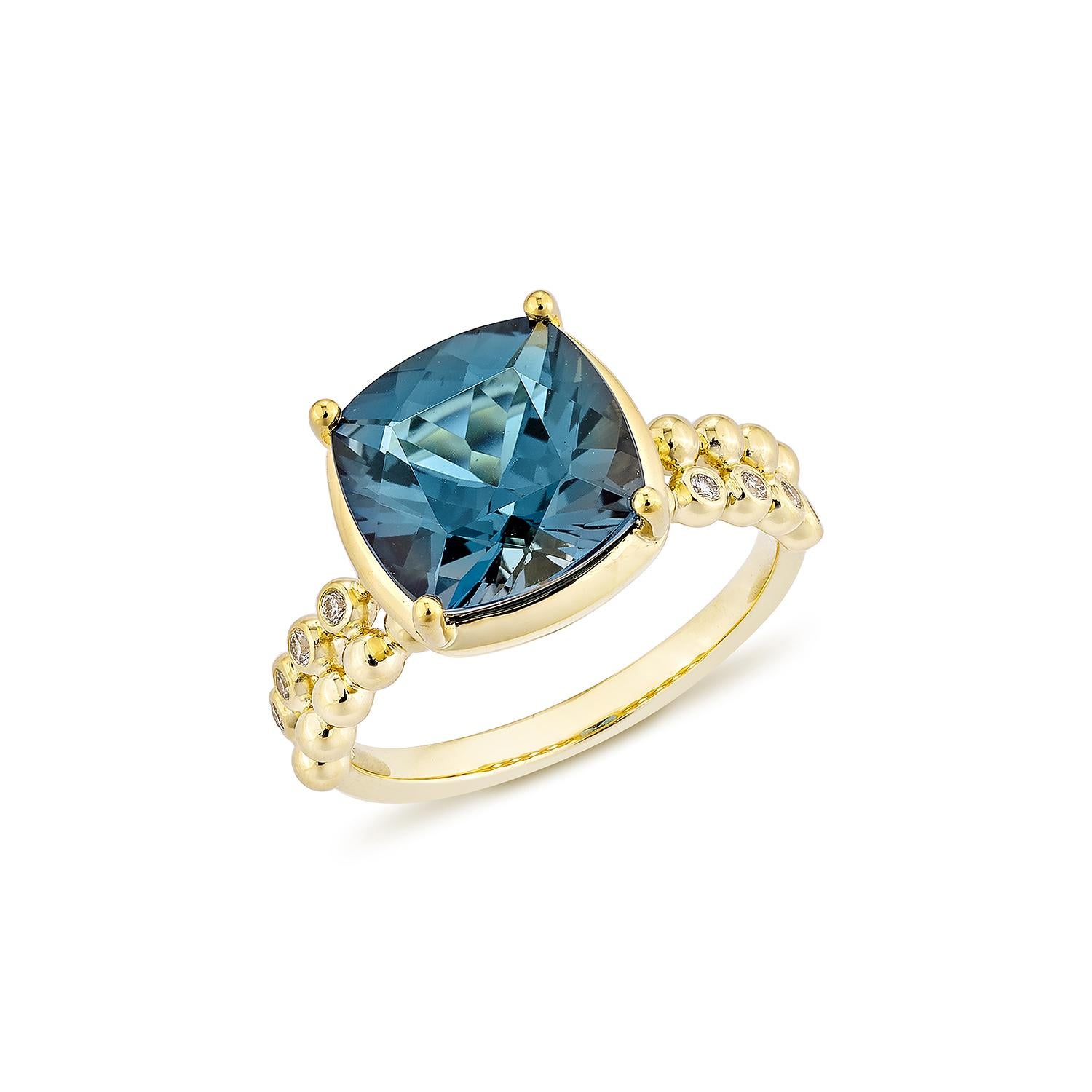 Contemporary Sunita Nahata 4.75 Carat London Blue Topaz Fancy Ring in 18KYG with Diamond. For Sale