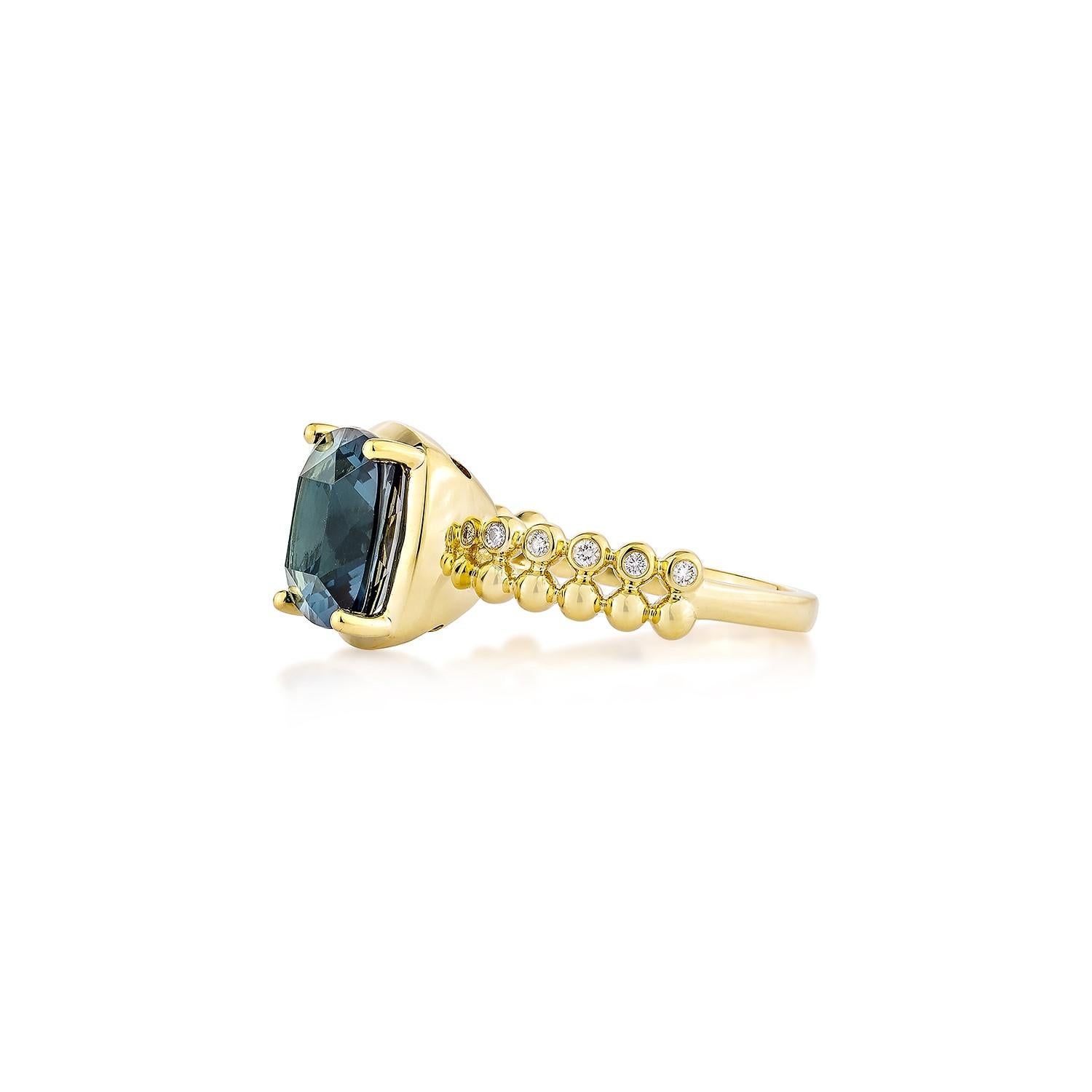 Cushion Cut Sunita Nahata 4.75 Carat London Blue Topaz Fancy Ring in 18KYG with Diamond. For Sale