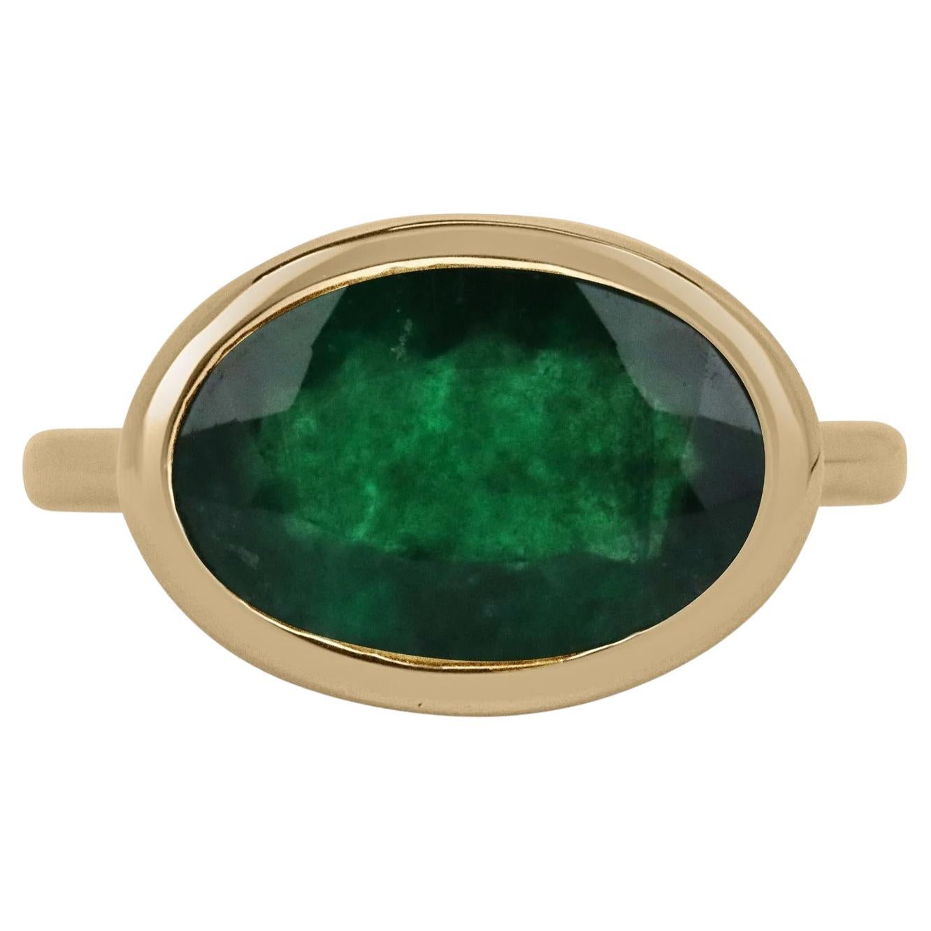 4.75 Carat Natural Brazilian Oval Cut Emerald East to West Bezel Ring 14K For Sale